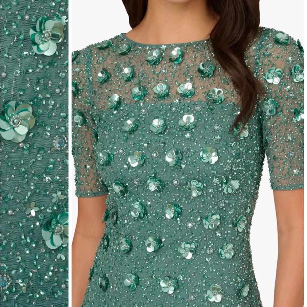 NWT Adrianna Papell Beaded Embellished Long 3D Floral Dress 14P - Picture 5 of 9